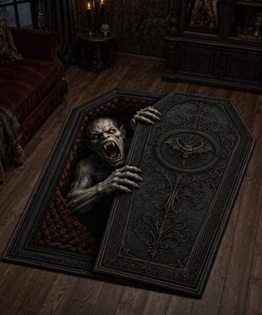 Gothic Demon Coffin Rug — Dark Custom-Shaped Area Mat For Haunted Home, Gothic Decor & Halloween Displays