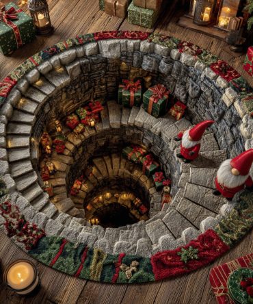 Grand Gnome Delivery Round Rug — Large-Feeling Festive Gnome Carpet For Holiday Entryways, Living Rooms & Stairs, Durable Plush