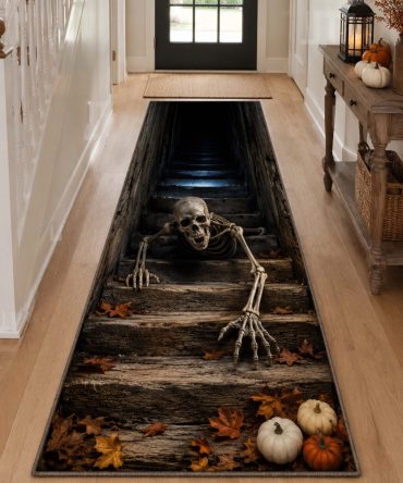 Grave Clutch Eerie Runner Rug — Haunted Cemetery Hallway Carpet With Gothic Illustration, Low-Pile Durable Construction For Everyday Use