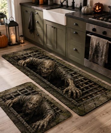 Grave Crawler Halloween Kitchen Rug — Spooky Graveyard Area Mat With Non-Slip Backing, Durable & Easy-To-Clean Seasonal Accent
