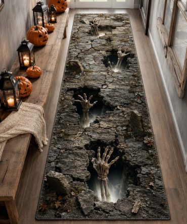 Grave Hunger Halloween Runner Rug — Disturbing Gothic Cemetery Hallway Carpet, Durable Low-Pile, Bold Seasonal Accent For Haunted Homes