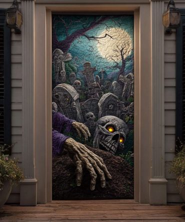 Graveyard Escape Quilted Halloween Door Cover — Spooky Graveyard Scene Front Door Panel For Haunted Porch & Party Entry