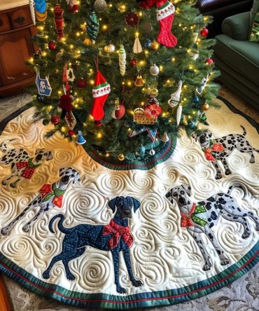 Holiday Spirit Quilted Christmas Tree Skirt — Great Dane Motif, Festive Patchwork Design, Cozy Base For Trees, Durable & Charming