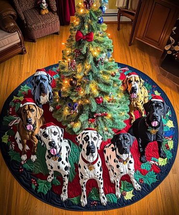 Winter Wishes Quilted Christmas Tree Skirt — Great Dane Winter Scene, Elegant Holiday Fabric, Soft Layered Look, Gift For Dog Lovers