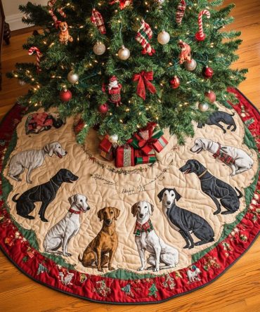 Quilted Greyhound Joy Christmas Tree Skirt — Festive Dog-Print Holiday Accent, Reversible, Easy-Care Decor For Dog Lovers
