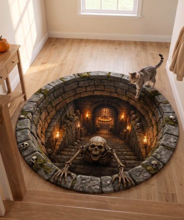 Grim Depths Round Accent Rug — Dark Abstract Round Area Rug, Distressed Look Low-Pile Carpet, Durable Indoor Mat For Living Room & Entryway