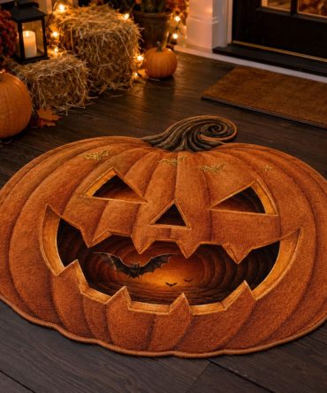Grinning Portal Halloween Accent Rug — Custom-Shaped Spooky Entrance Mat With Creepy Grin Design For Haunted Home Decor