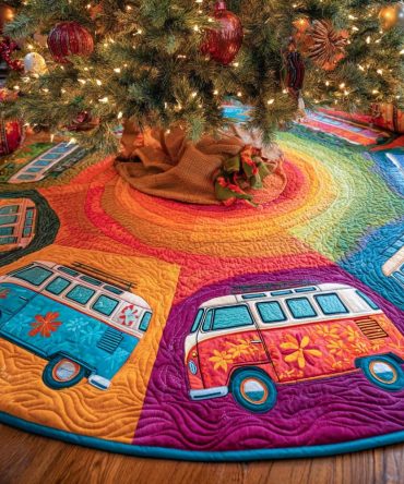 Groovy Christmas Journey Quilted Tree Skirt - Soft Quilted Fabric, Easy-Care Holiday Accent, Ideal Gift & Tree Base Cover