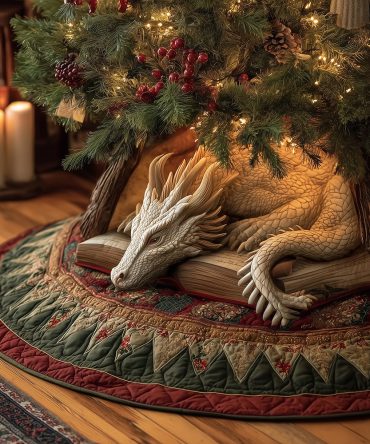 Guardian Glow Quilted Dragon Tree Skirt — Illuminated-Look Dragon Art For Eye-Catching Holiday Tree & Mantel Styling