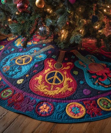 Acoustic Guitar Harmony Quilted Tree Skirt - Soft Quilted Fabric, Easy-Care Holiday Accent, Ideal Gift & Tree Base Cover