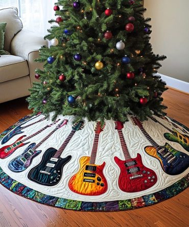 Guitar Pulse Premium Quilted Tree Skirt — Bold Electric Guitar Design, Plush Insulation, 48-Inch Round, Washable Holiday Accent