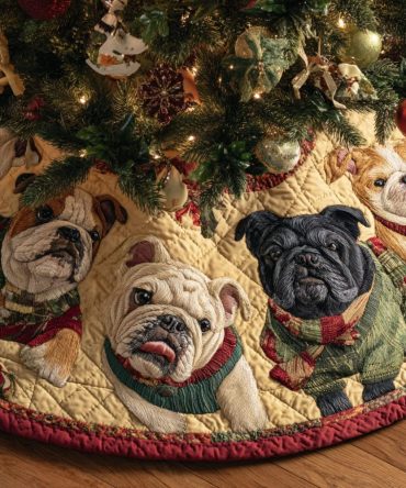 Happy Quilted Bulldog Christmas Tree Skirt — Cheerful Dog-Themed Holiday Base, Padded Comfort & Quick-Set Fastening