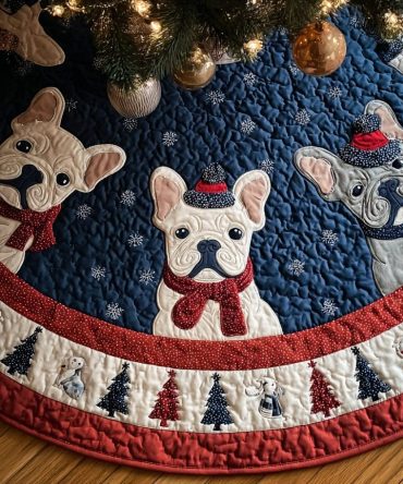 Happy French Bulldog Holiday Tree Skirt — Quilted Cotton Blend, Festive Dog-Themed Christmas Base With Easy-On Closure