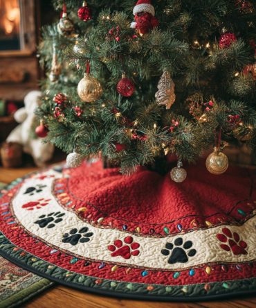 Happy Paws Quilted Christmas Tree Skirt — Cute Pet Paw Holiday Decor, Soft Quilting, Perfect For Dog & Cat Lovers, Easy-Care Design