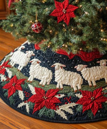 Happy Sheep Quilted Christmas Tree Skirt — Whimsical Sheep Design, Cozy Quilted Fabric For Farmhouse & Rustic Holiday Vibes — Perfect Holiday Gift