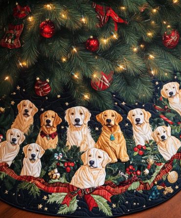 Playful Dog Holiday Quilted Christmas Tree Skirt – Festive Pet Print, Cozy Quilting & Easy Care Holiday Décor