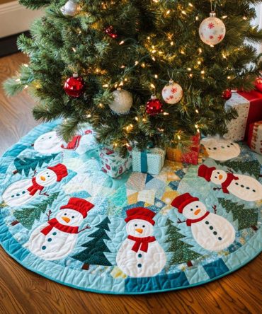 Happy Snow Quilted Christmas Tree Skirt — Cheerful Snowflake Holiday Tree Skirt, Soft Quilting & Bright Seasonal Accents For Family Homes