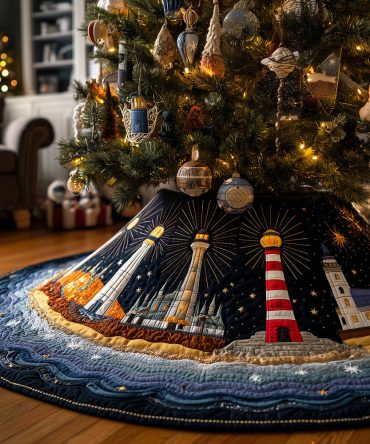 Harbor Light Quilted Christmas Tree Skirt — Elegant Nautical Base With Harbor Lighthouse Motif, Perfect For Coastal Holiday Decorating