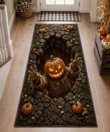 Harvest Haunt Autumn Runner Rug — Rustic Gothic Hallway Accent, Durable Non-Slip Low-Profile Design, Machine-Washable Seasonal Mat