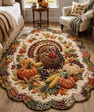 Harvest Turkey Garden Shaped Area Rug — Rustic Thanksgiving Floor Mat, Custom Autumn Accent Rug For Kitchen & Entry