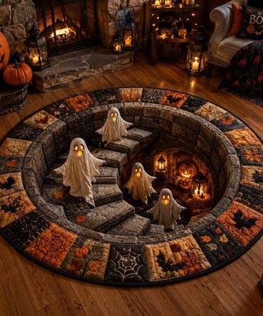 Haunted Stairway Round Accent Rug — Spooky Stair & Landing Round Rug, Plush Low-Pile Carpet With Non-Slip Backing For Halloween Or Moody Interiors