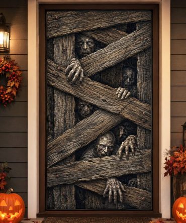 Haunted Barricade Quilted Halloween Door Cover — Sinister Barricade Front Door Panel For Spooky Porch Displays