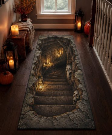 Haunted Stairway Halloween Runner Rug — Eerie Hallway Accent, Durable Low-Profile, Non-Slip Backing , Perfect Porch & Entry Decor