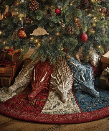 Hearthscale Quilted Dragon Christmas Tree Skirt — Warm Rustic Dragon Design For Cozy Holiday Mantels & Tree Displays