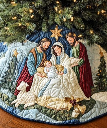 Heavenly Host Quilted Christmas Tree Skirt — Elegant Religious-Themed Quilted Skirt For Nativity & Holiday Display