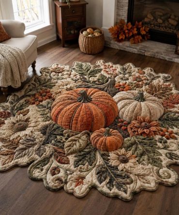 Heirloom Pumpkin Garden Vintage-Style Custom-Shaped Area Rug — Classic Distressed Fall Rug, Warm Tones, Durable Low-Pile, Multiple Sizes & Non-Slip Option