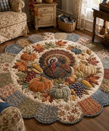 Heirloom Patchwork Turkey Shaped Rug — Custom Thanksgiving Area Rug, Autumn Harvest Accent Floor Mat For Seasonal Home Decor