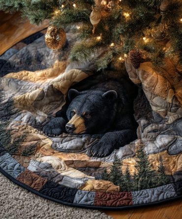 Hibernation Haven Quilted Christmas Tree Skirt — Cozy Winter-Themed Tree Base Cover, Plush Quilting, Reversible, Fits Most Trees