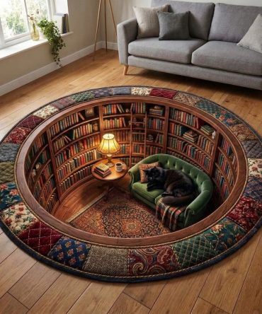 Hidden Reading Den Round Rug — Intimate Book Nook Circular Carpet With Cozy Motif, Soft Pile For Comfort & Secure Non-Slip Backing