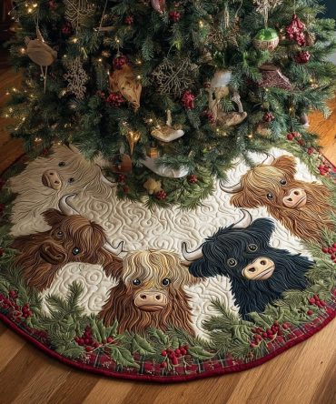 Highland Cow Cheer Quilted Tree Skirt — Festive Cow-Themed Quilted Holiday Base, Cozy Farmhouse Accent For Christmas Trees