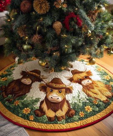 Highland Cow Delight Quilted Christmas Tree Skirt — Rustic Farmhouse Style, Plush Quilting, Durable Cotton Blend, Easy Clean & Gift-Ready