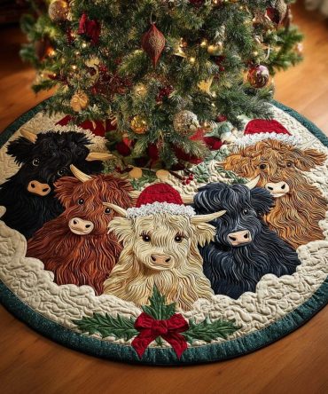 Highland Cow Gathering Quilted Tree Skirt — Rustic Holiday Gathering Décor, Quilted Base With Highland Cow Charm For Xmas Trees