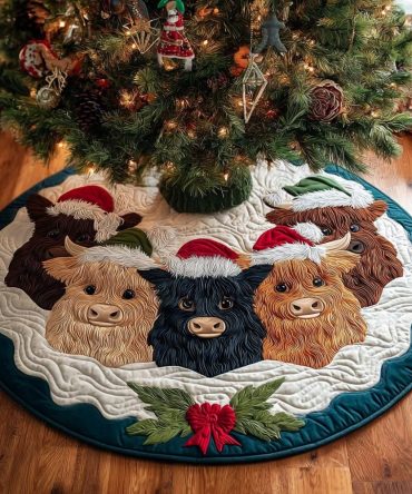 Highland Cow Holiday Quilted Tree Skirt — Cozy Country Christmas Base, Quilted Highland Cow Design For Festive Farmhouse Style