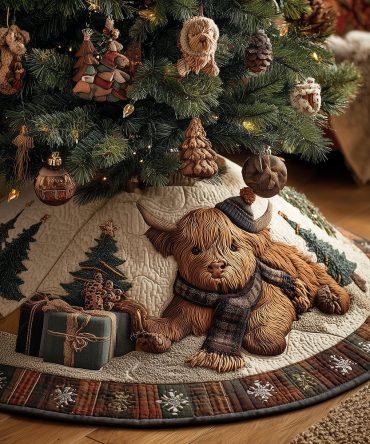 Highland Cow Joy Quilted Christmas Tree Skirt — Cozy Farmhouse Holiday Accent, Soft Batting, Durable Cotton Blend, Easy Care & Giftable