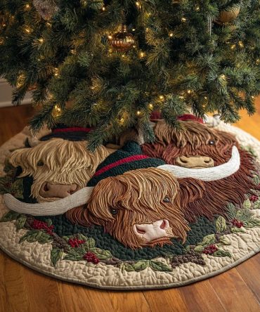 Highland Cow Lane Quilted Christmas Tree Skirt — Charming Country Cow Holiday Décor, Quilted Farmhouse Tree Base Accent