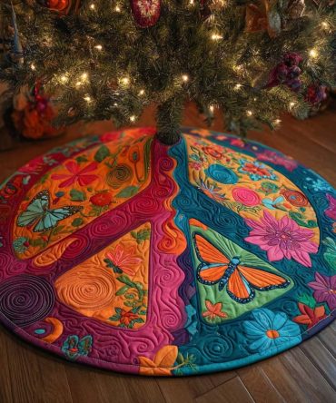 Hippie Garden Harmony Quilted Tree Skirt — Boho Floral Quilted Holiday Mat With Peaceful Vibes, Soft Colorful Tree Base