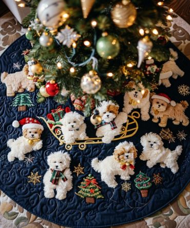 Holiday Bichon Wishes Quilted Tree Skirt — Soft Quilted Christmas Skirt With Bichon Frise Artwork, Protective & Easy To Maintain