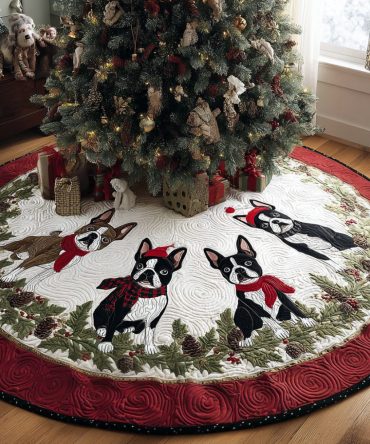 Holiday Boston Joy Quilted Tree Skirt — Boston Terrier Holiday Accent, Soft Quilted Mat For Festive Gift Giving