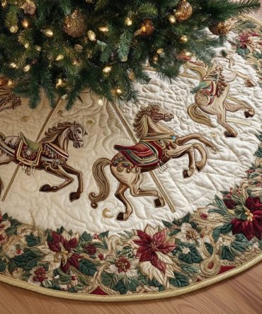 Holiday Carousel Horse Quilted Tree Skirt — Festive Horse Motif With Colorful Quilting, Vintage-Inspired Christmas Accent For Living Rooms