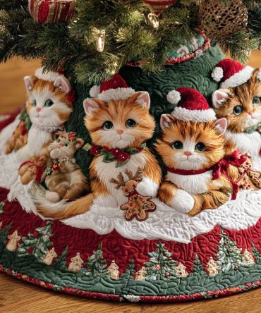 Holiday Cat Charm Quilted Christmas Tree Skirt — Charming Cat Pattern Holiday Skirt, Cozy Quilting & Easy Machine Care