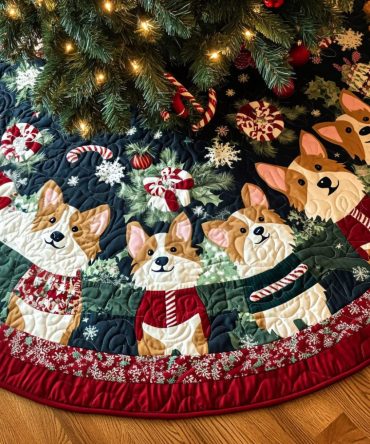Holiday Corgi Gathering Quilted Tree Skirt — Festive Corgi-Themed Christmas Skirt, Soft Quilting, Reversible & Family Favorite