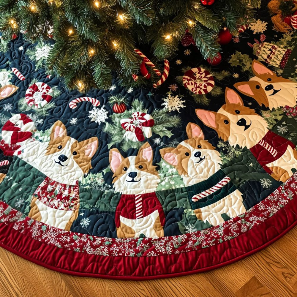 Holiday Corgi Gathering Quilted Tree Skirt — Festive Corgi-Themed Christmas Skirt, Soft Quilting, Reversible & Family Favorite