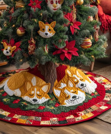 Holiday Corgi Retreat Quilted Tree Skirt – 48-Inch Classic Christmas Skirt With Cozy Corgi Motif, Soft, Durable & Washable