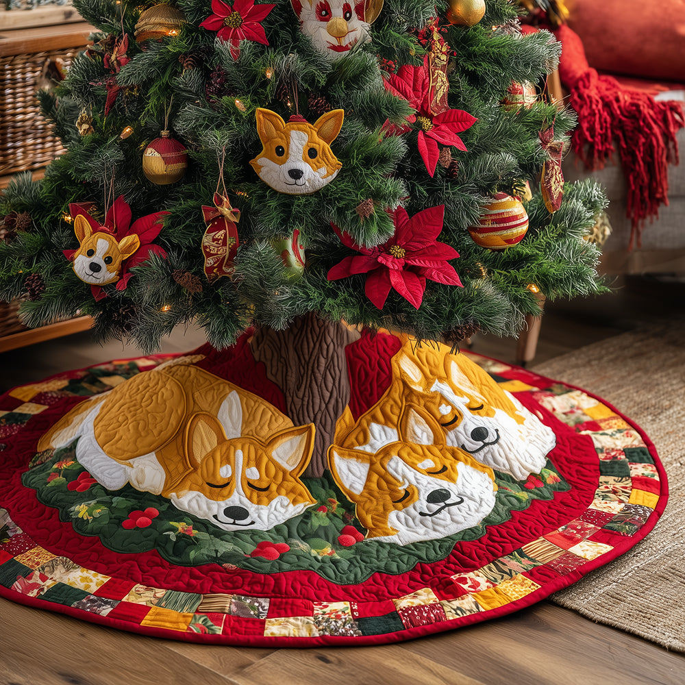 Holiday Corgi Retreat Quilted Tree Skirt – 48-Inch Classic Christmas Skirt With Cozy Corgi Motif, Soft, Durable & Washable