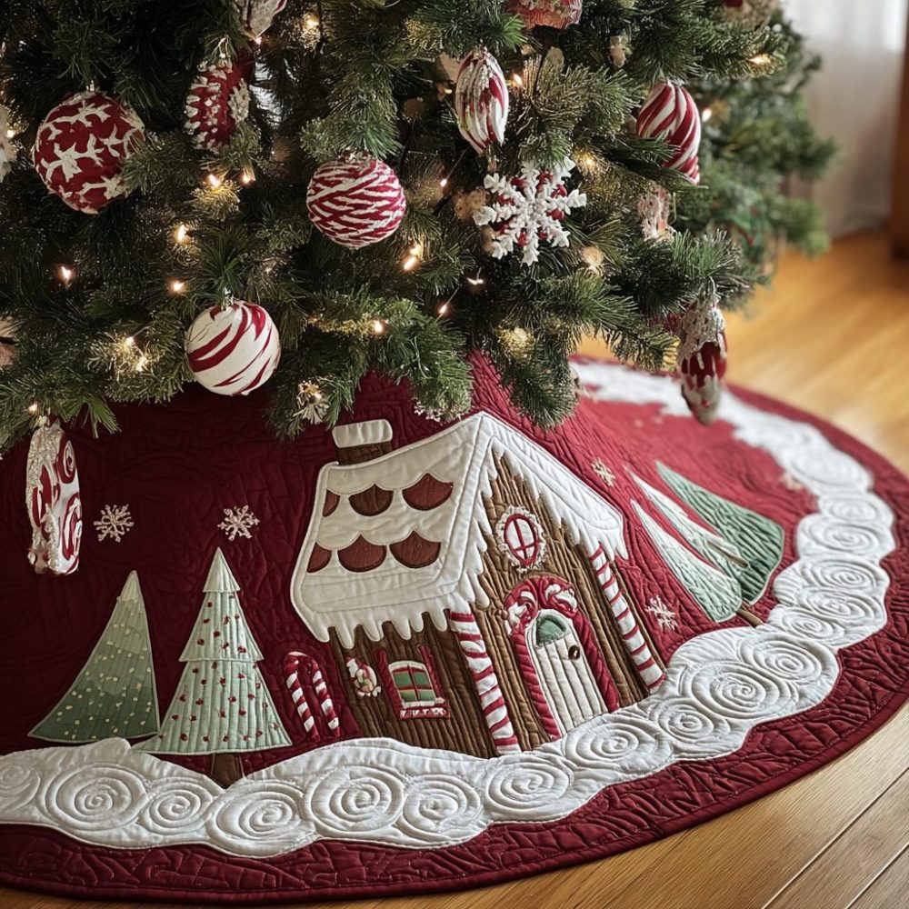 Holiday Cottage Quilted Tree Skirt — Charming Quilted Christmas Base For Tree, Warm Rustic Holiday Décor Accent