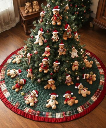 Holiday Cuddle Circle Quilted Christmas Tree Skirt - Soft Plush Round Mat With Cozy Bear Accents For Warm Seasonal Decor